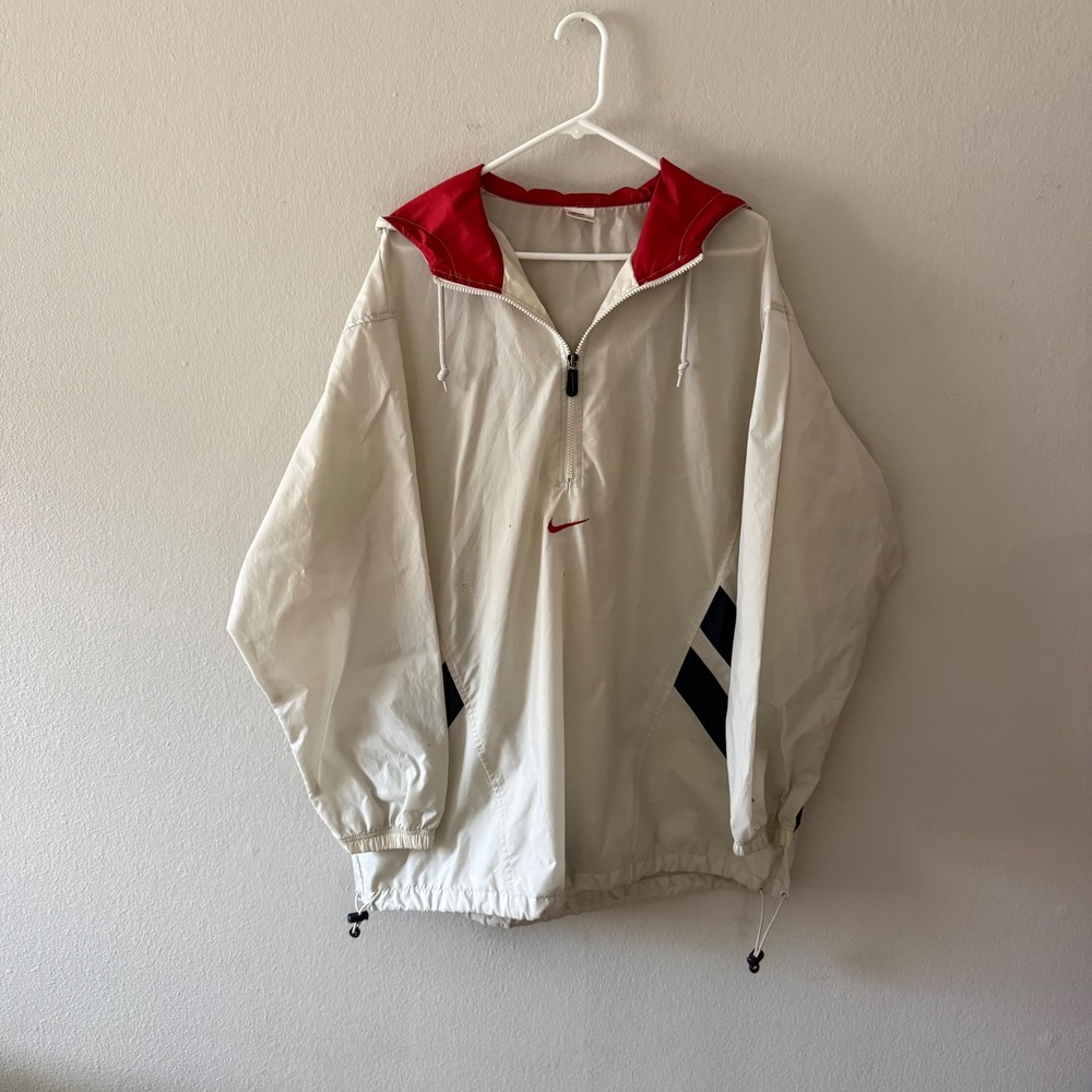 Vintage Nike Windbreaker Mens Large White Red Quarter Zip Hooded Jacket